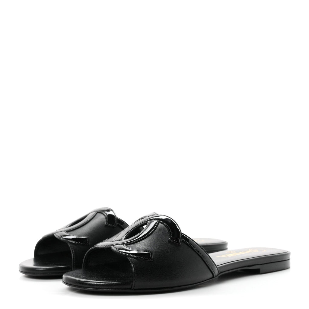 Lambskin Patent Calfskin CC Cutout Mules 37.5 Black