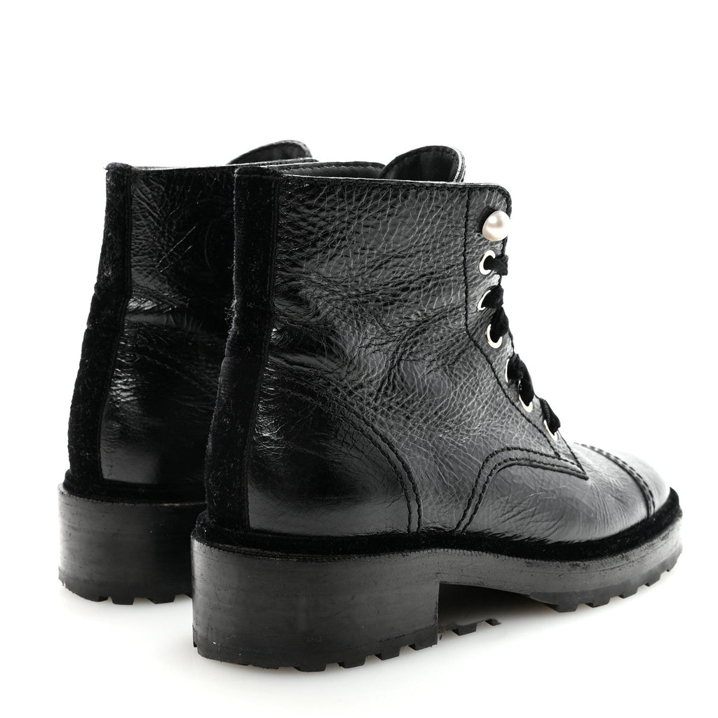 Shiny Calfskin Velvet Pearl Combat Short Boots 38.5 Black