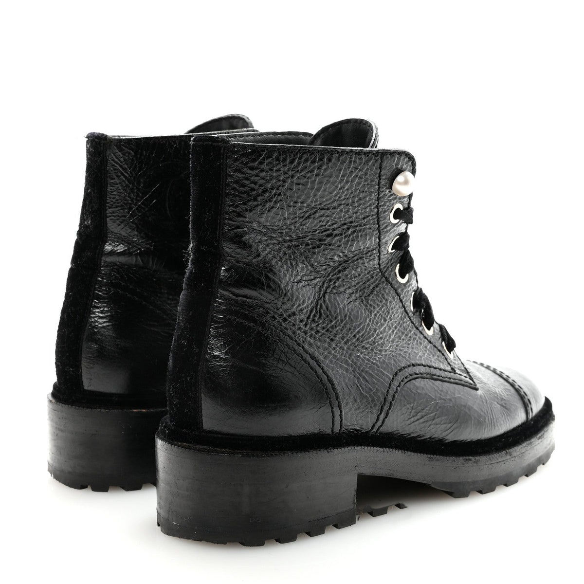 Shiny Calfskin Velvet Pearl Combat Short Boots 38.5 Black