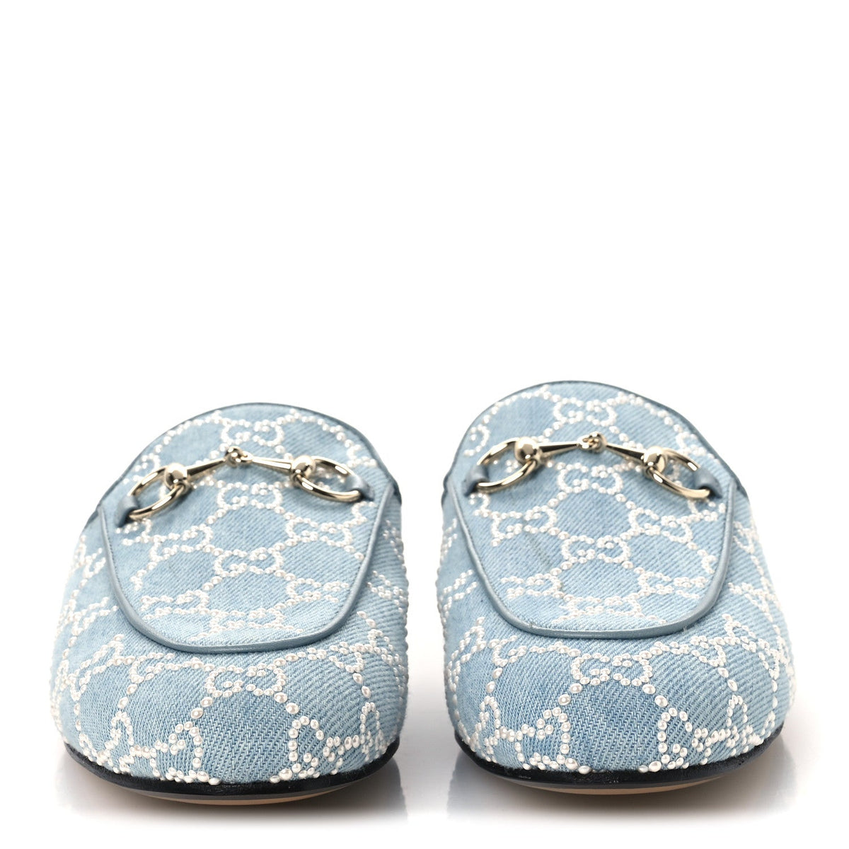 GG Denim Monogram Pearl Womens Princetown Slippers 37 Light Blue