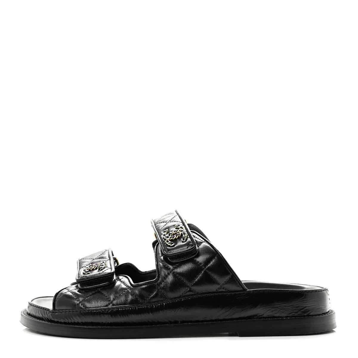 Crumpled Shiny Lambskin Velcro Dad Sandals 36 Black