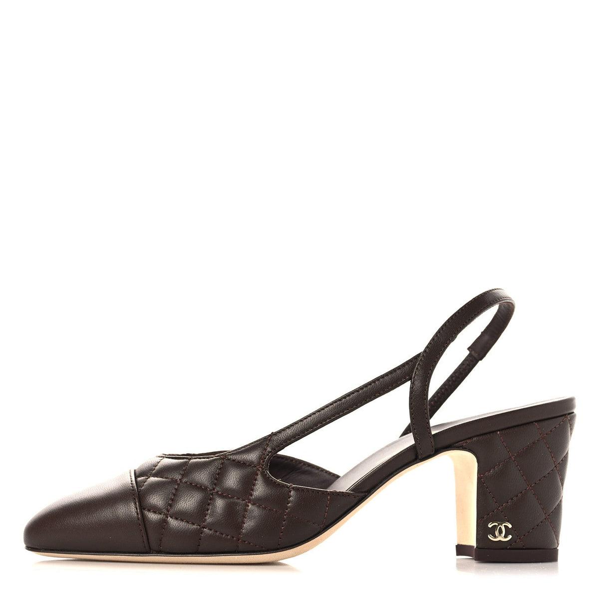 Lambskin Quilted Cap Toe CC Slingback Pumps  37.5 Brown