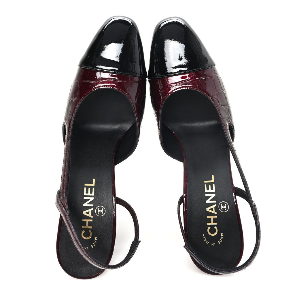 Crocodile Embossed Patent Grosgrain Cap Toe CC Slingback Pumps 37.5 Dark Burgundy Black