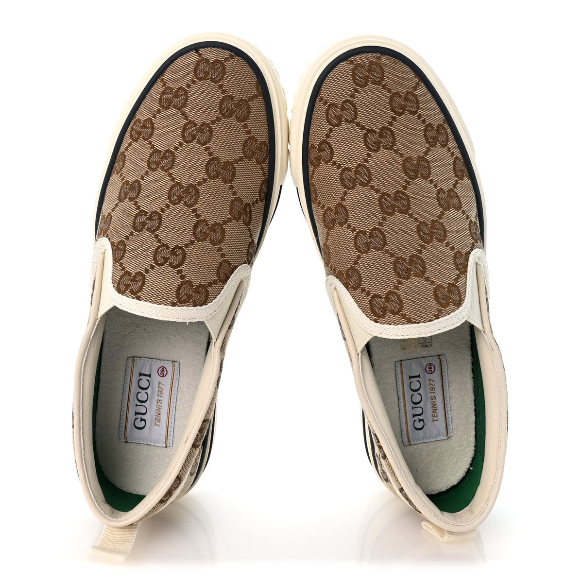 GG Monogram Womens 1977 Tennis Slip On 30mm Sneakers 35.5 Beige Ebony Mystic White