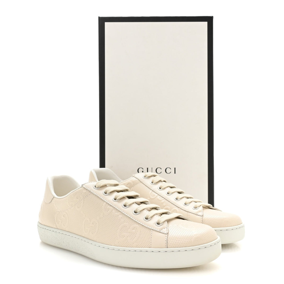 Calfskin GG Tennis Embossed Mens Ace Sneakers 8 Mystic White