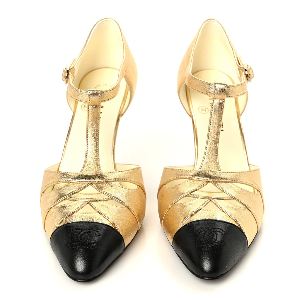 Laminated Lambskin Cap Toe Pumps 38.5 Gold Black