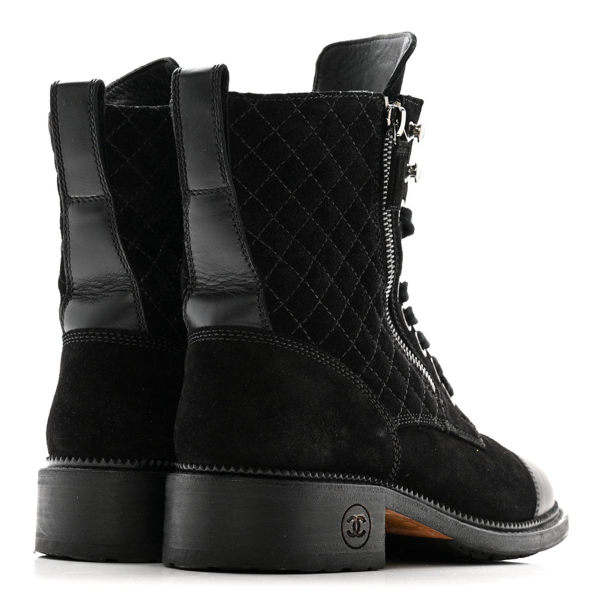Suede Calfskin Quilted Lace Up Boots 38 Black