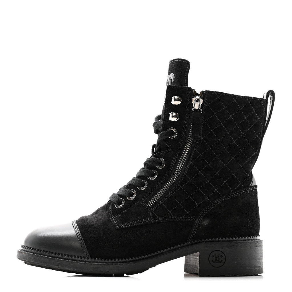 Suede Calfskin Quilted Lace Up Boots 38 Black