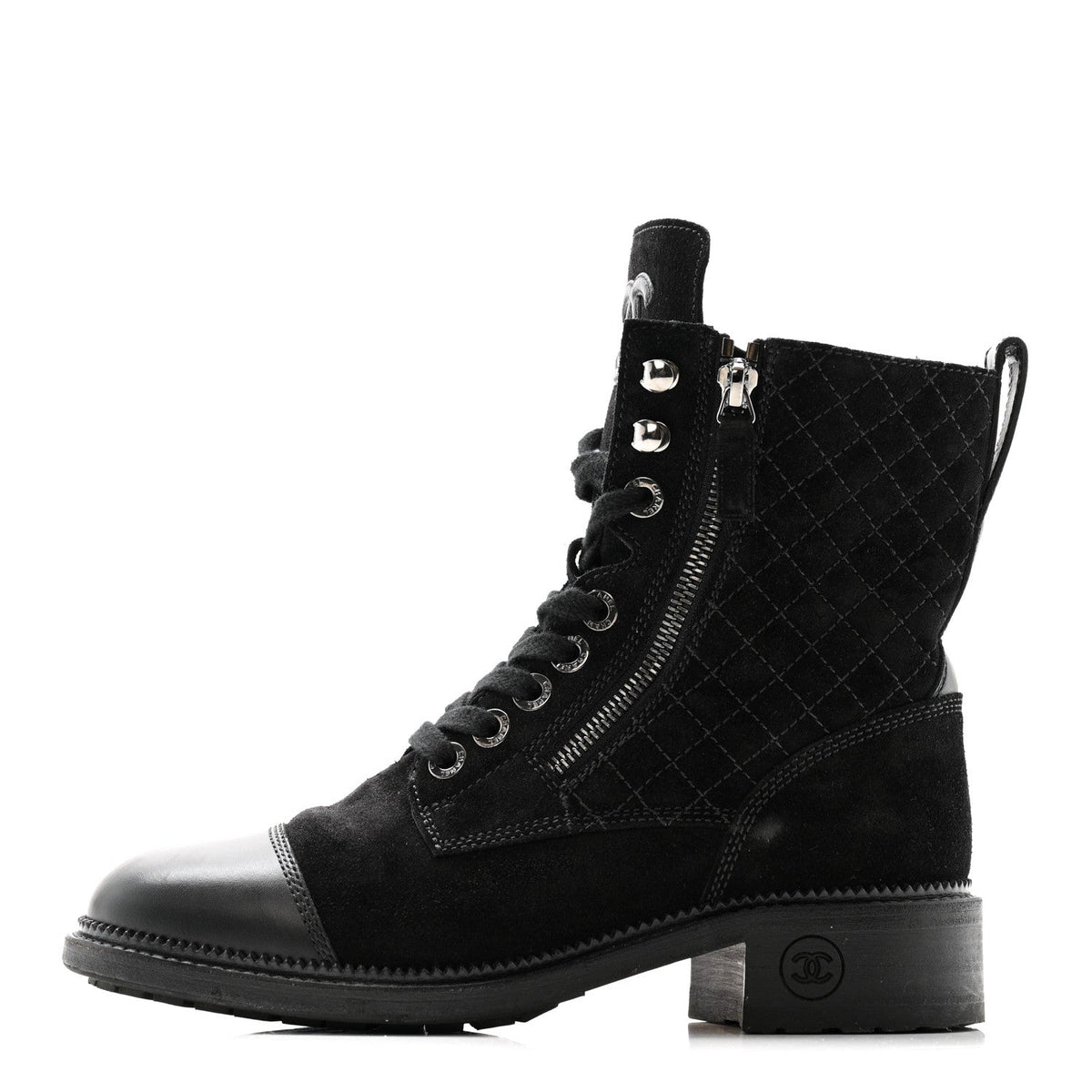 Suede Calfskin Quilted Lace Up Boots 38 Black