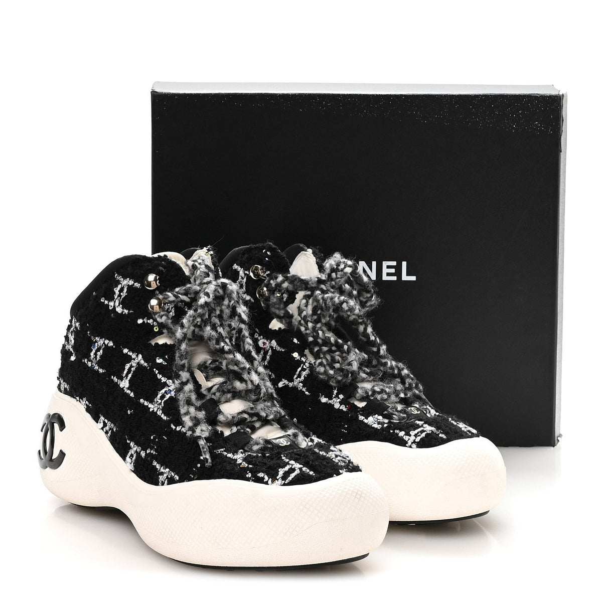 Tweed Sequins CC Lace Up Ankle Snow Boots 40 Black White