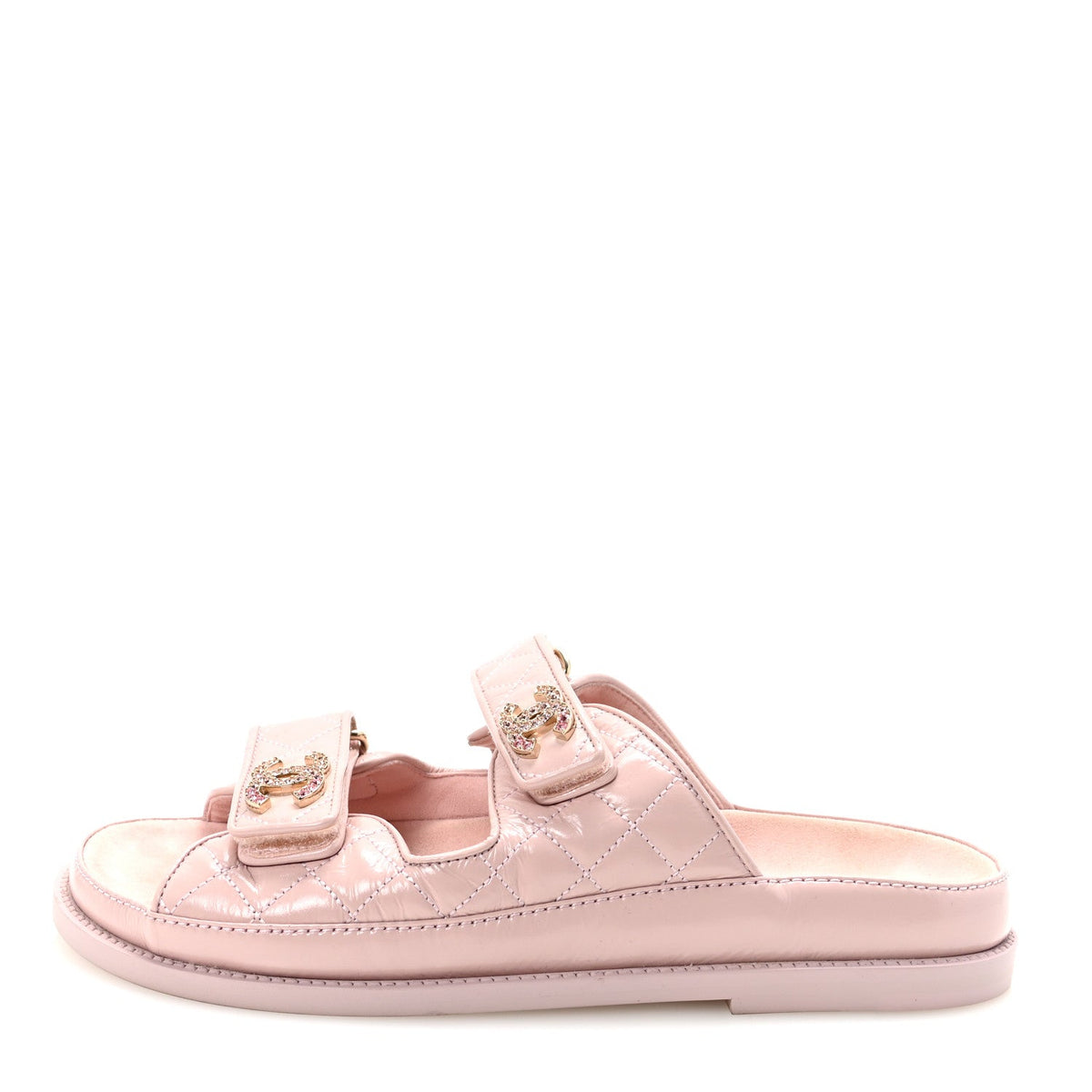 Shiny Calfskin Crystal Quilted Velcro Dad CC Slide Sandals 39 Light Pink
