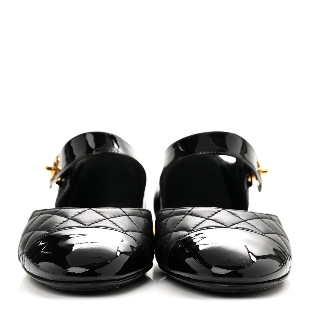 Patent Lambskin Quilted Cap Toe Ballerina Flats 36 Black