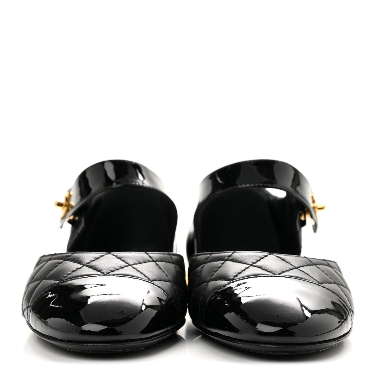 Patent Lambskin Quilted Cap Toe Ballerina Flats 36 Black