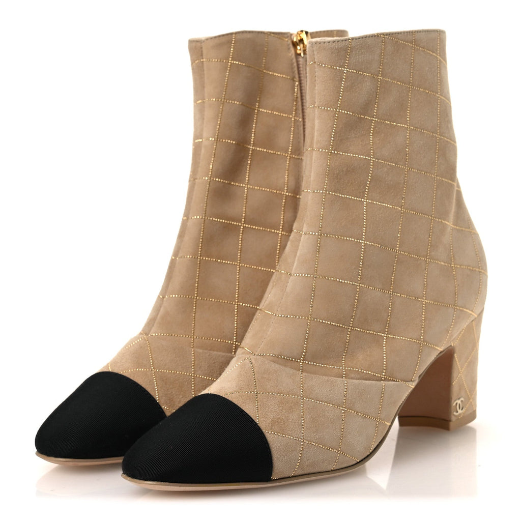 Suede Goatskin Grosgrain Cap Toe Shorts Boots 37 Beige Golden Black