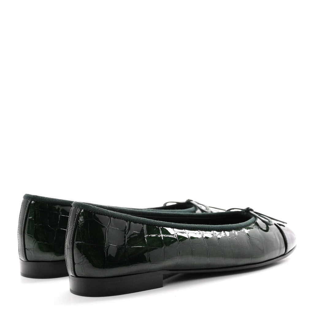 Patent Calfskin Crocodile Embossed Ballerina Flats 36.5 Dark Green Black