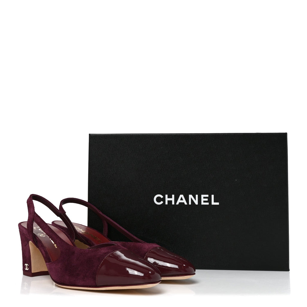Suede Patent Cap Toe CC Slingback Pumps 37 Burgundy