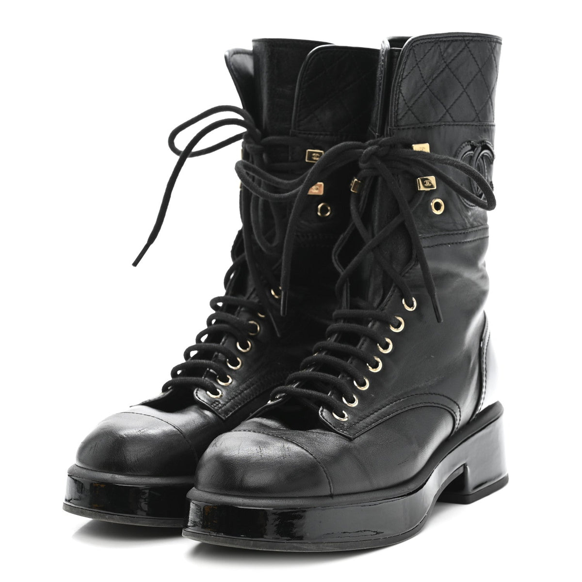 Lambskin Patent Calfskin Quilted CC Lace Up Combat Boots 37 Black