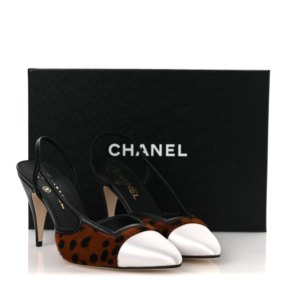 Lambskin Mixed Fibers Pony Hair Slingback Pumps 38 Brown Black White