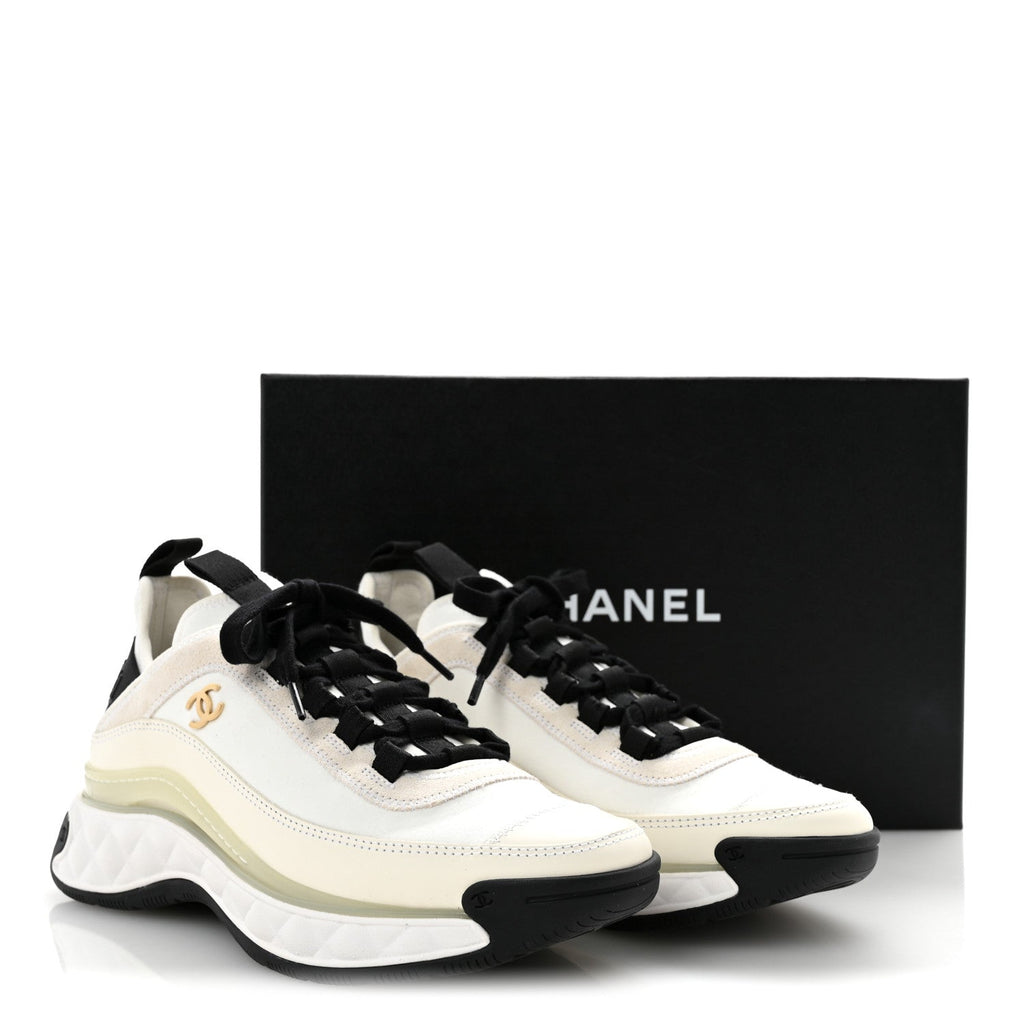 Velvet Calfskin Mixed Fibers CC Sneakers 37.5 Ivory Black