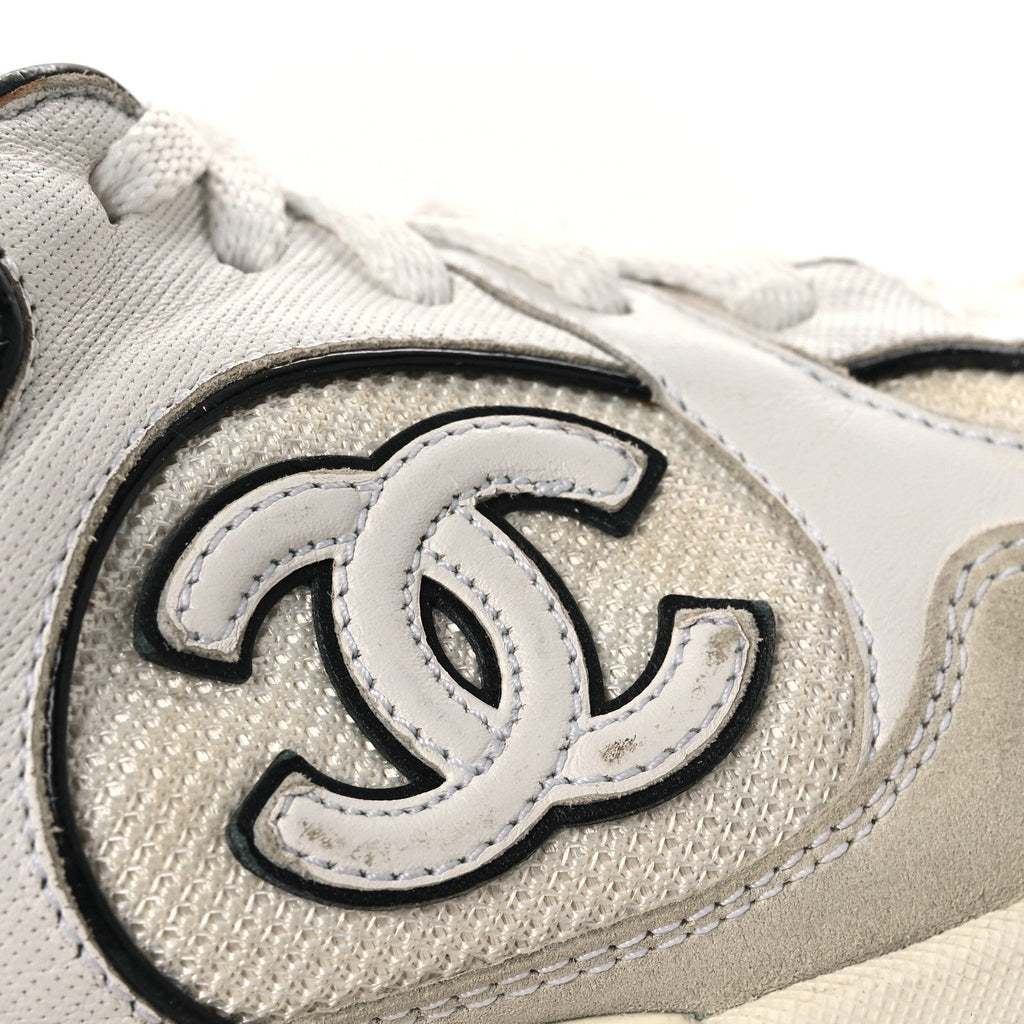 Mesh Suede Calfskin Grosgrain Womens CC Sneakers 37.5 White Black