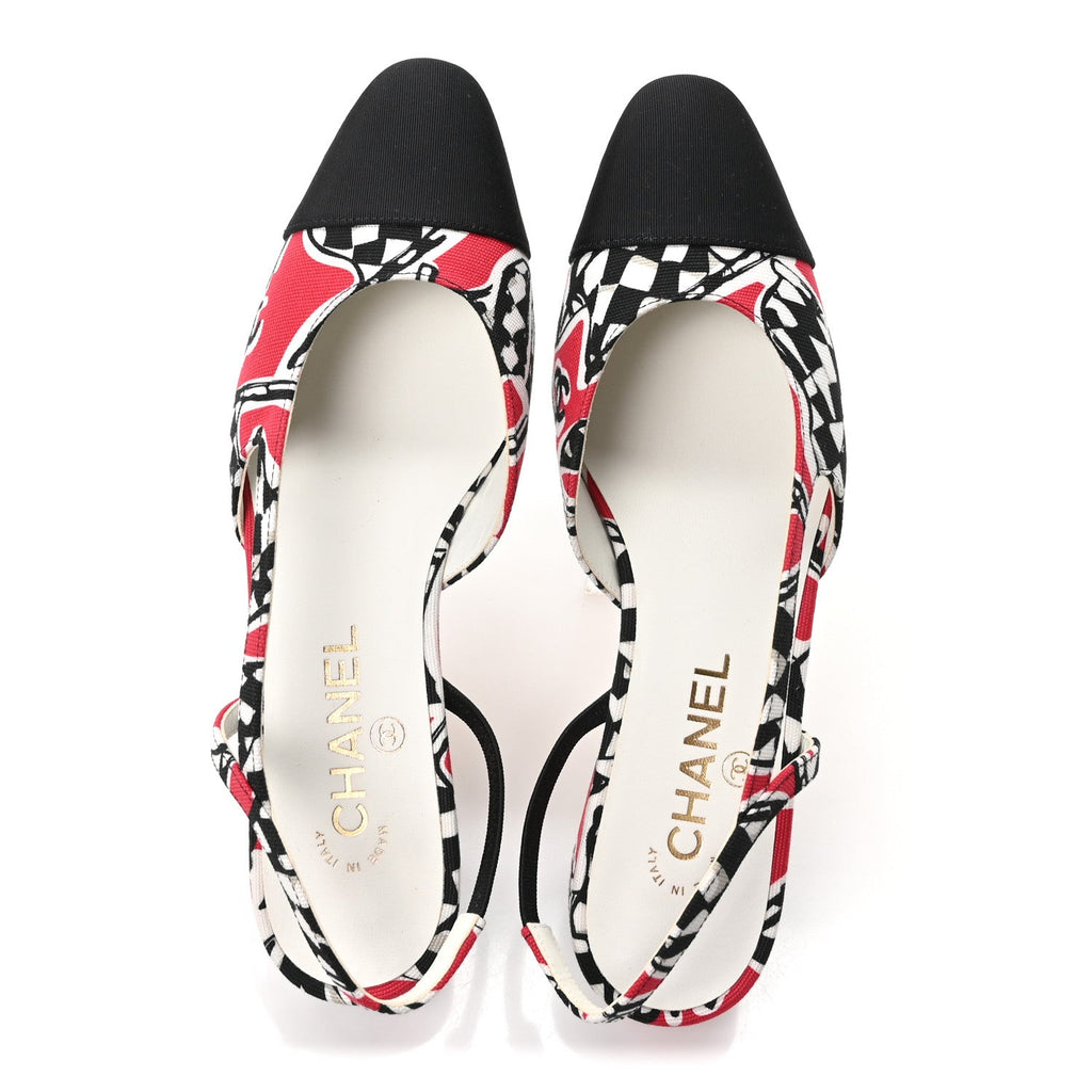Printed Fabric Grosgrain Cap Toe CC Slingback Flats 38 Red Black White
