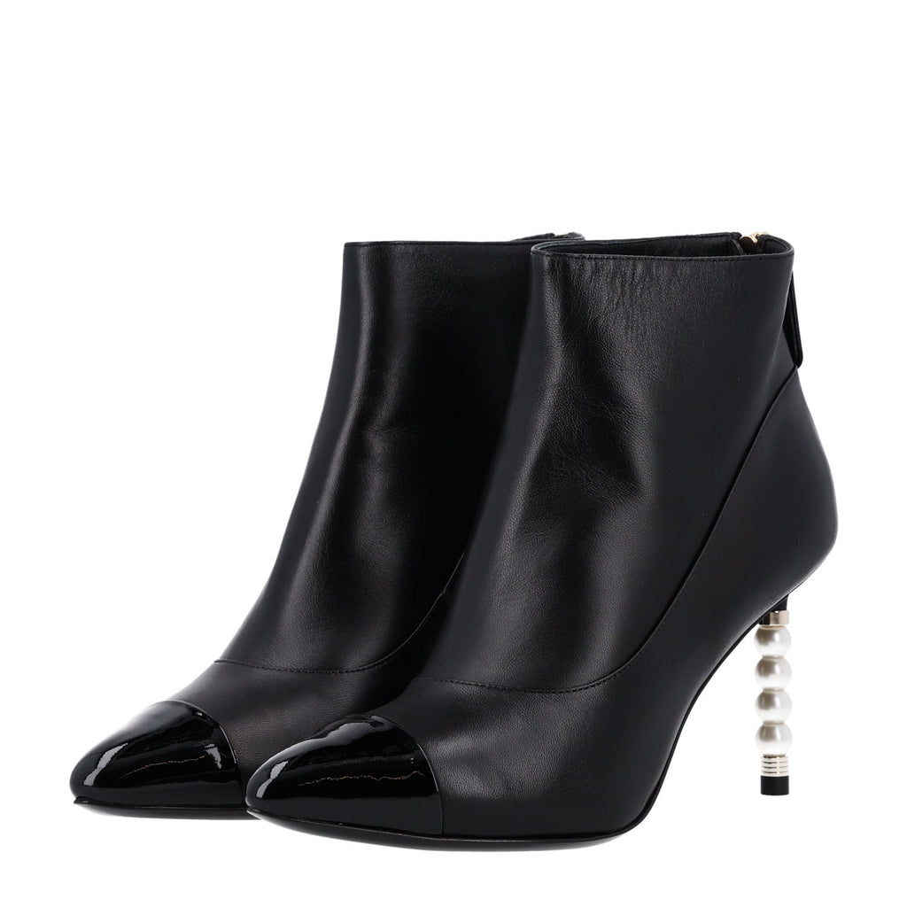 Lambskin Patent Calfskin Pearl Cap Toe Short Boots 36 Black