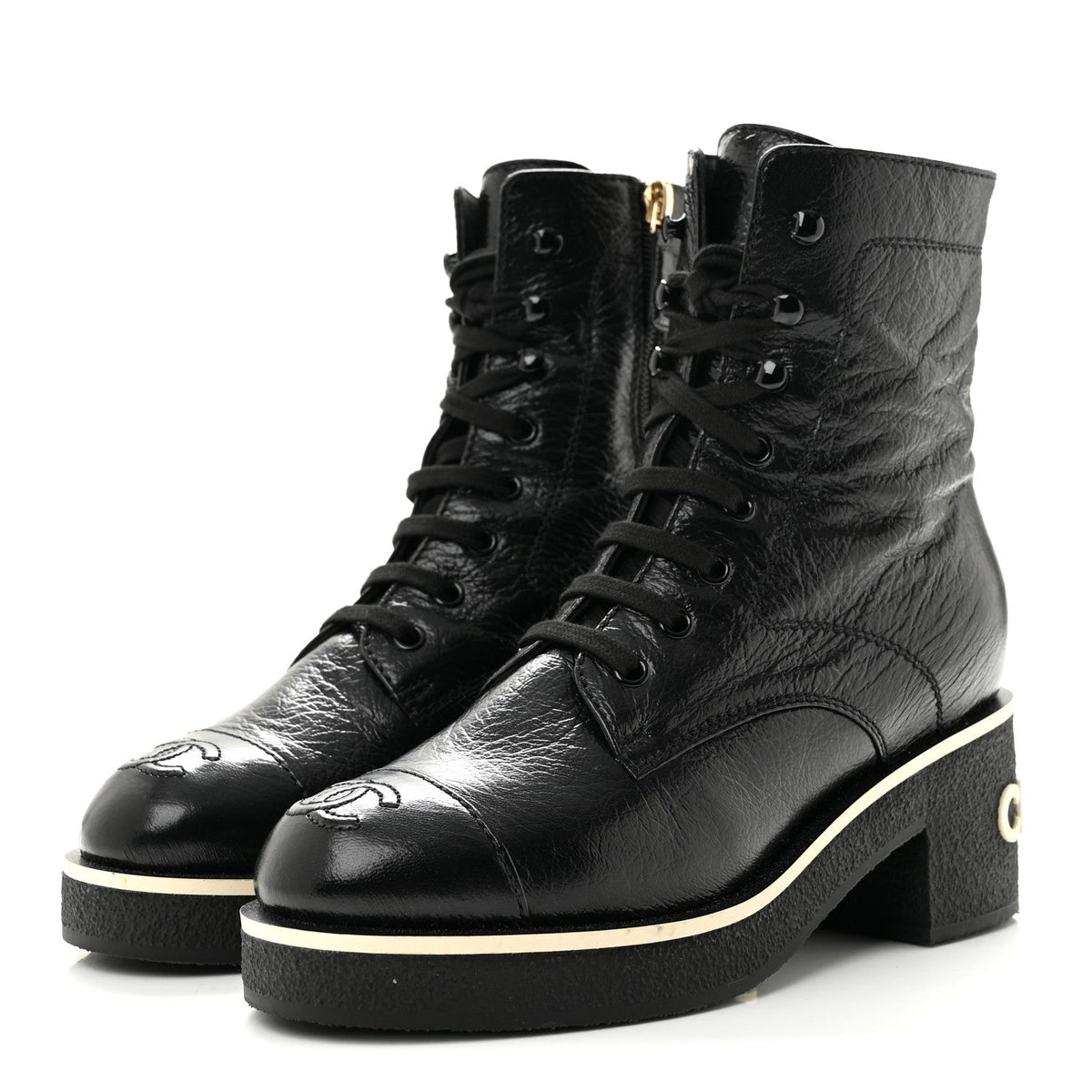 Shiny Crumpled Lambskin Lace Up Combat Boots 36 Black