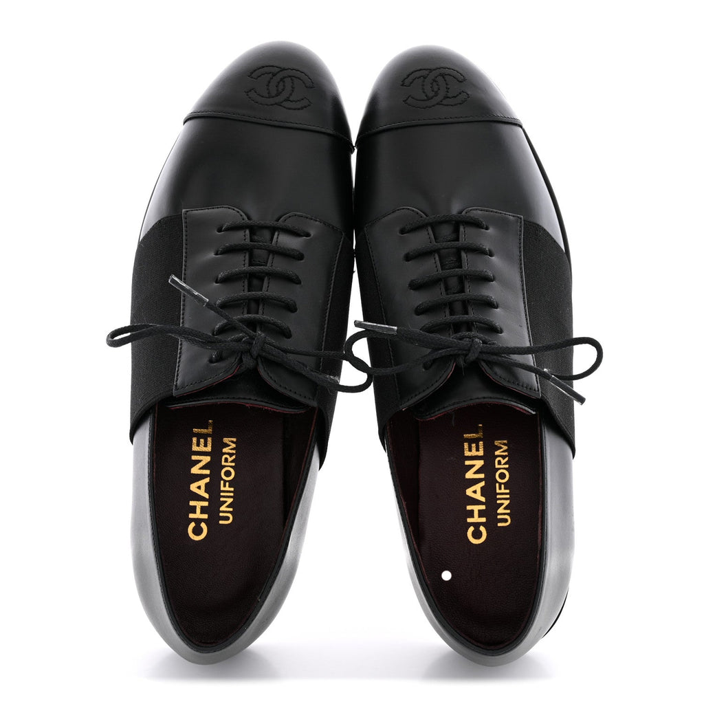 Calfskin Elastic Lace Up Cap Toe CC Loafers 36 Black