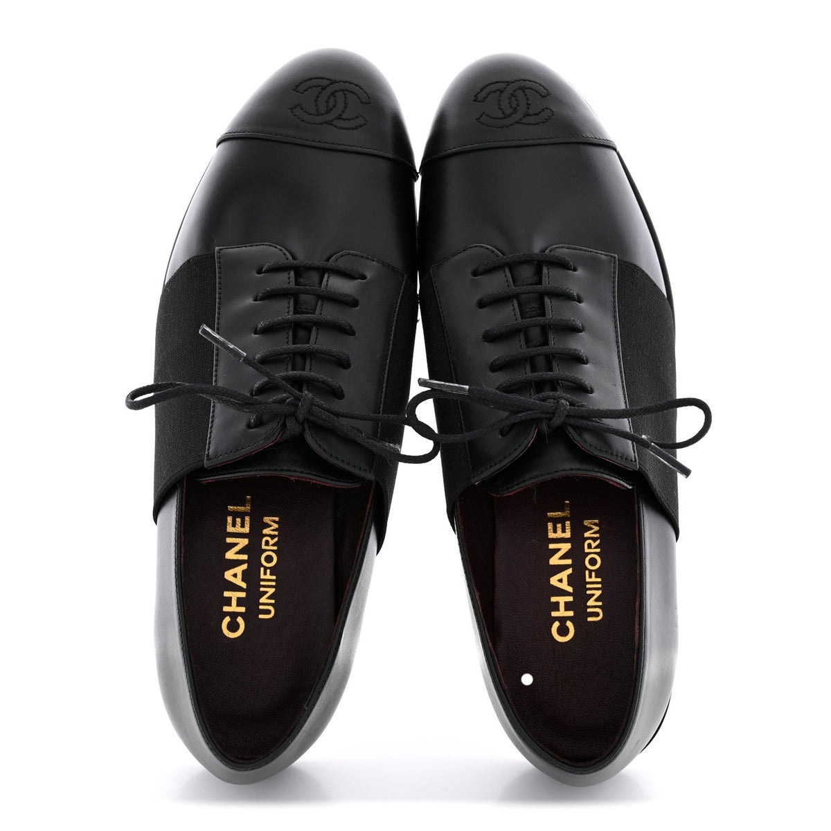 Calfskin Elastic Lace Up Cap Toe CC Loafers 36 Black
