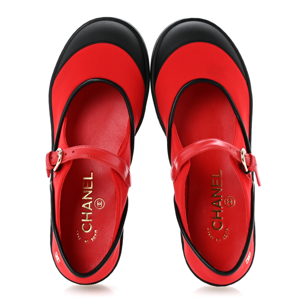 Mixed Fibers Rubber Cap Toe CC Coco Beach Mary Jane Sneakers 36.5 Red Black