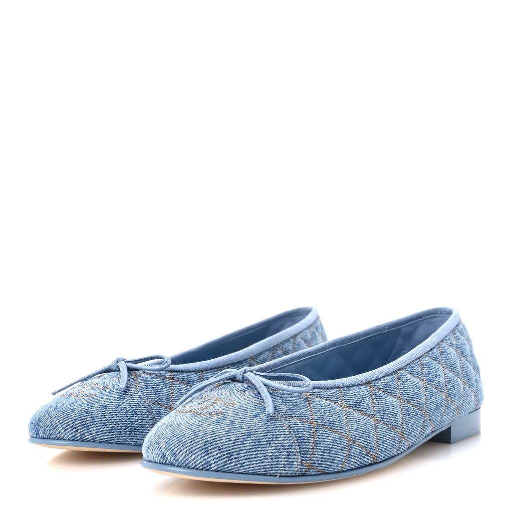 Denim Quilted CC Cap Toe Ballerina Flats 40 Light Blue