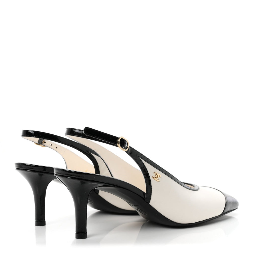 Lambskin Patent Calfskin Cap Toe CC Slingback Pumps 40 White Black