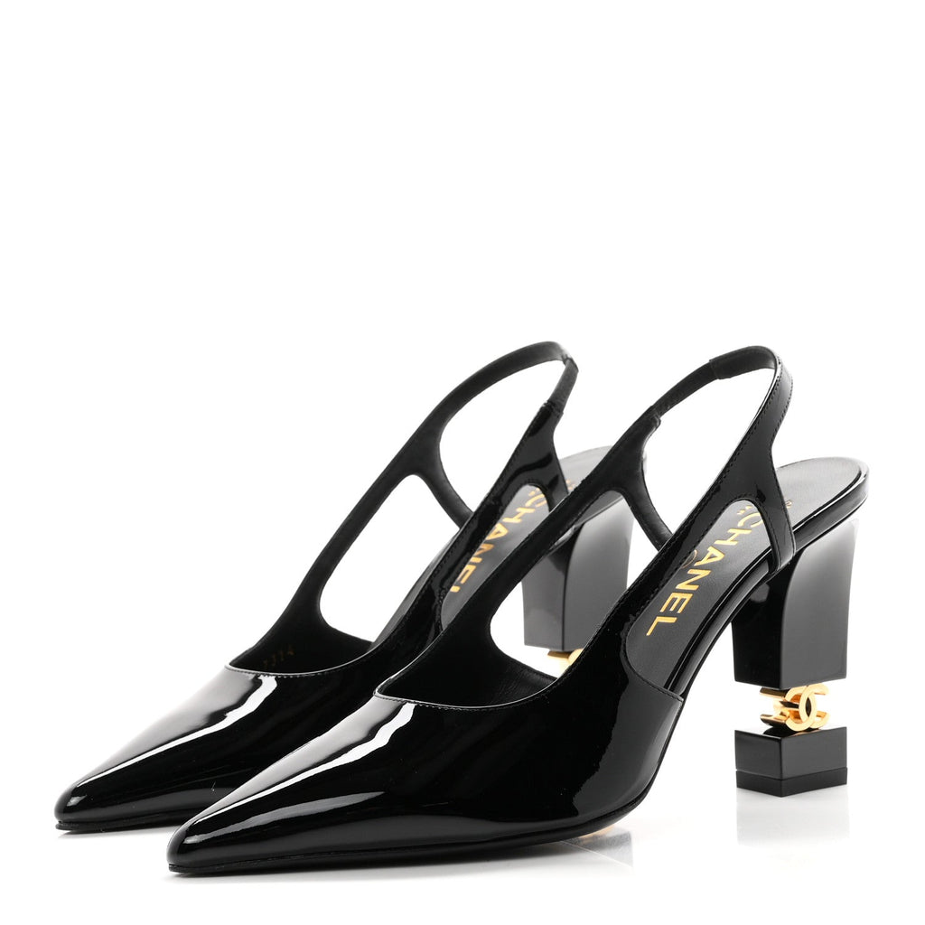 Patent Calfskin Slingback CC Cutout Pumps 36 Black