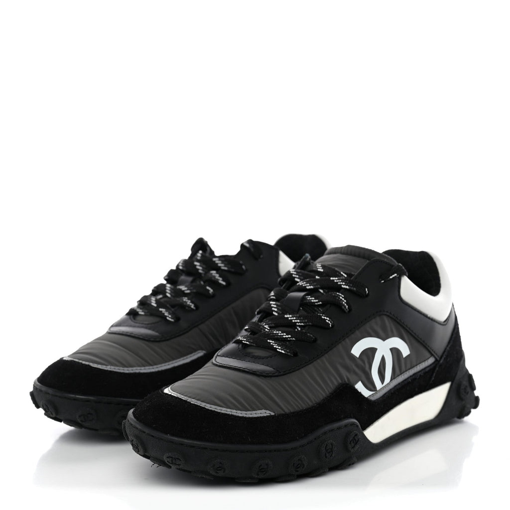 Nylon Calfskin Suede Womens CC Sneakers 38 Black Grey White