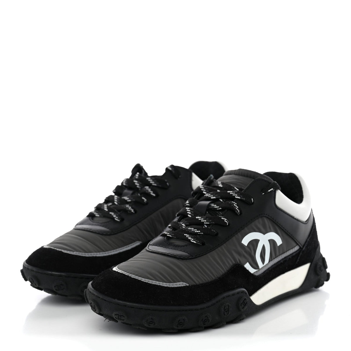 Nylon Calfskin Suede Womens CC Sneakers 38 Black Grey White