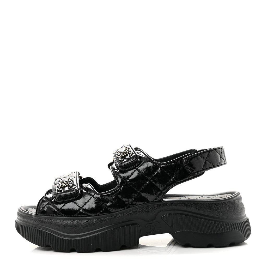 Shiny Calfskin Chain CC Velcro Dad Platform Sandals  38 Black