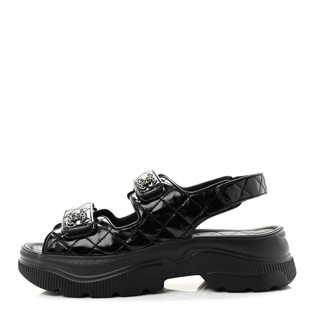 Shiny Calfskin Chain CC Velcro Dad Platform Sandals  38 Black