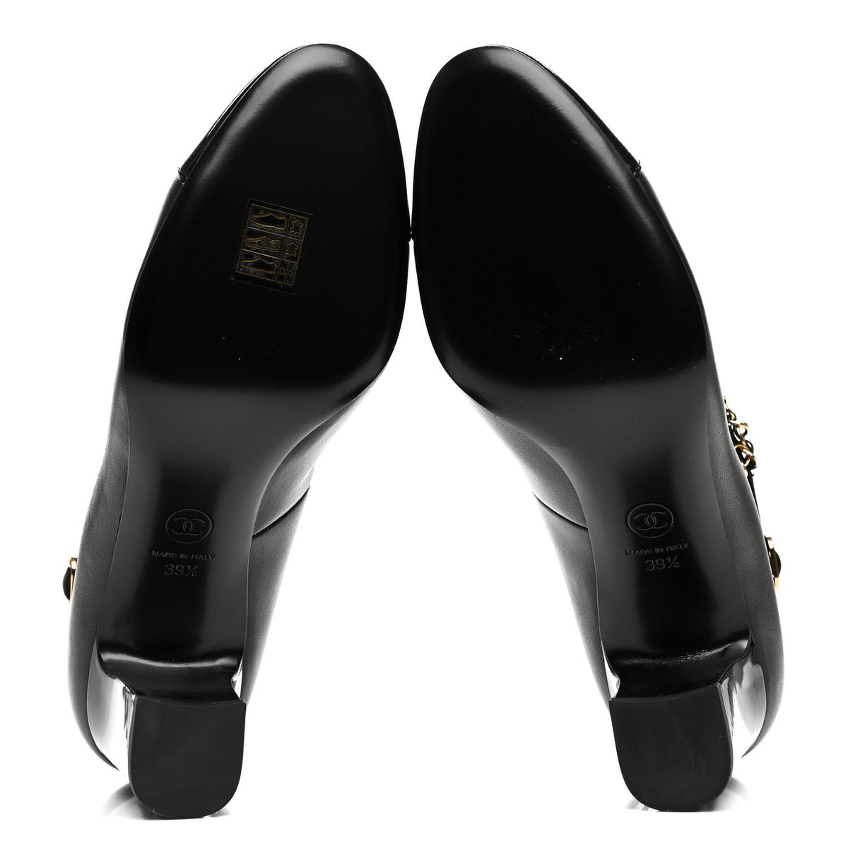 Shiny Lambskin Patent Calfskin Cap Toe Ankle Pearl Chain Pumps 39.5 Black