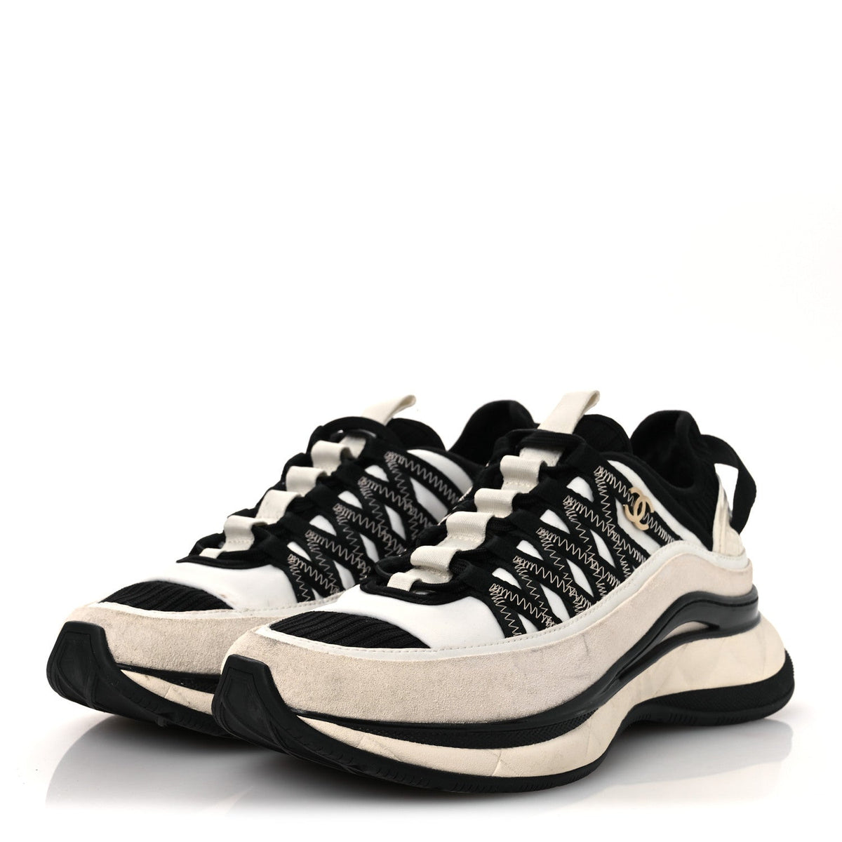 Fabric Suede Calfskin CC Sneakers 39.5 White Black
