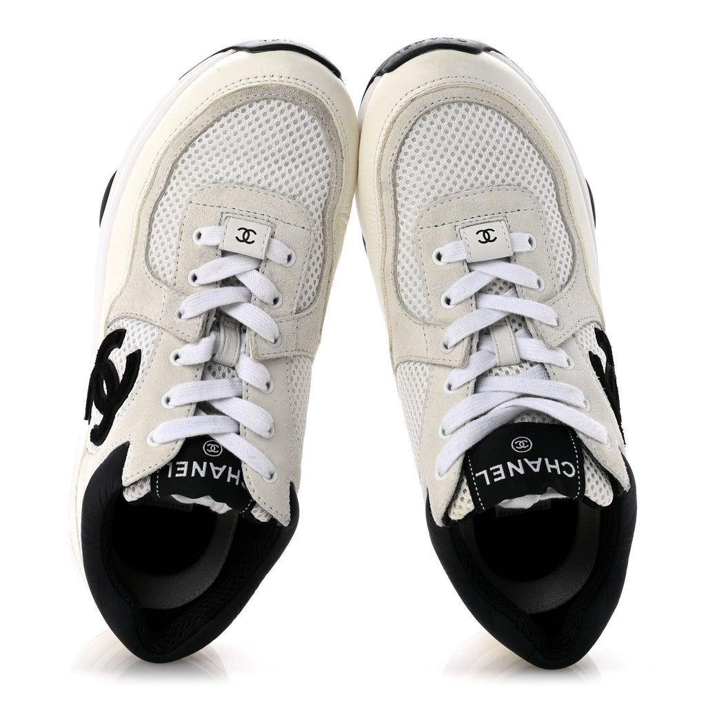 Mesh Suede Calfskin Grained Calfskin Womens CC Sneakers 37.5 White Black