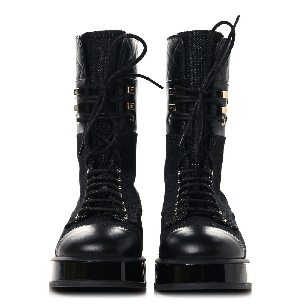 Fabric Patent Calfskin Lambskin Quilted CC Lace Up Combat Boots 36 Black