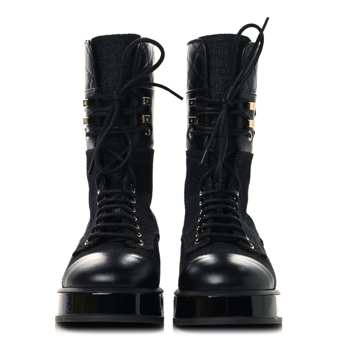 Fabric Patent Calfskin Lambskin Quilted CC Lace Up Combat Boots 36 Black