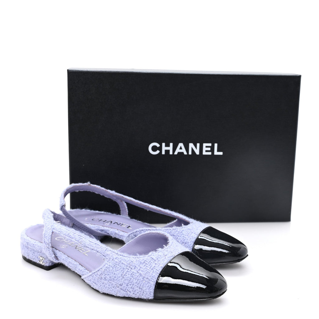 Iridescent Wool Tweed Patent Cap Toe CC Slingback Flats 36.5 Light Purple Silver Black