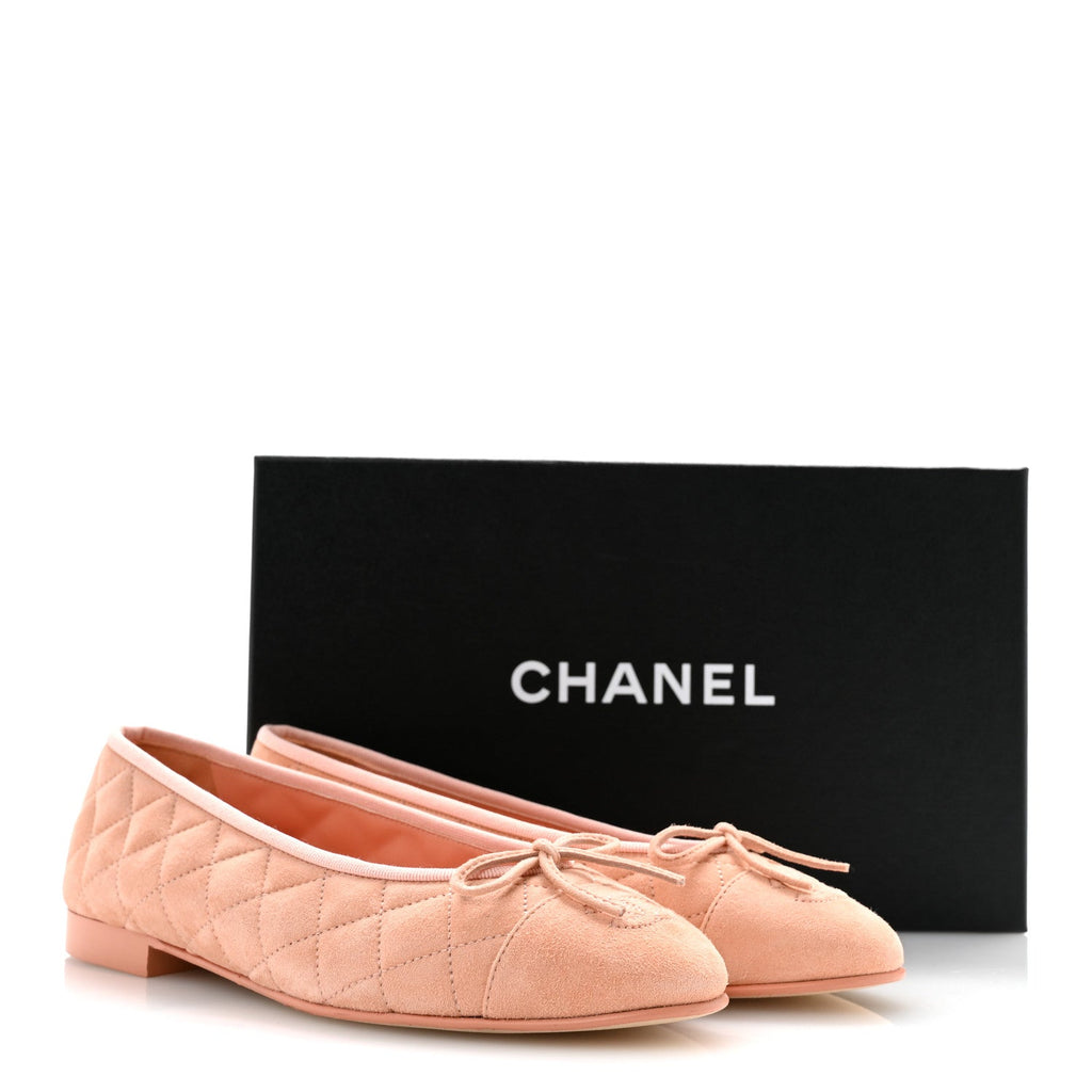 Suede Kidskin Quilted Cap Toe CC Ballerina Flats 38.5 Light Orange