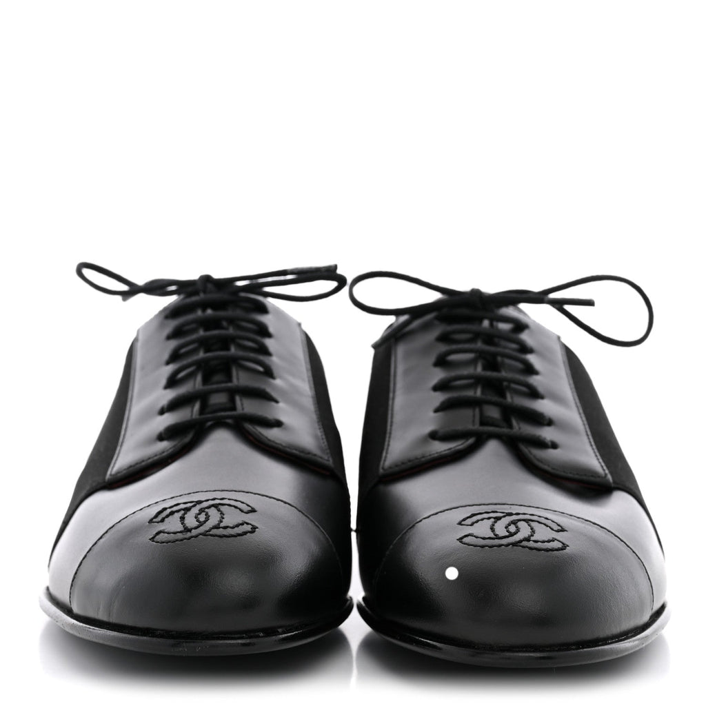 Calfskin Elastic Lace Up Cap Toe CC Loafers 36 Black
