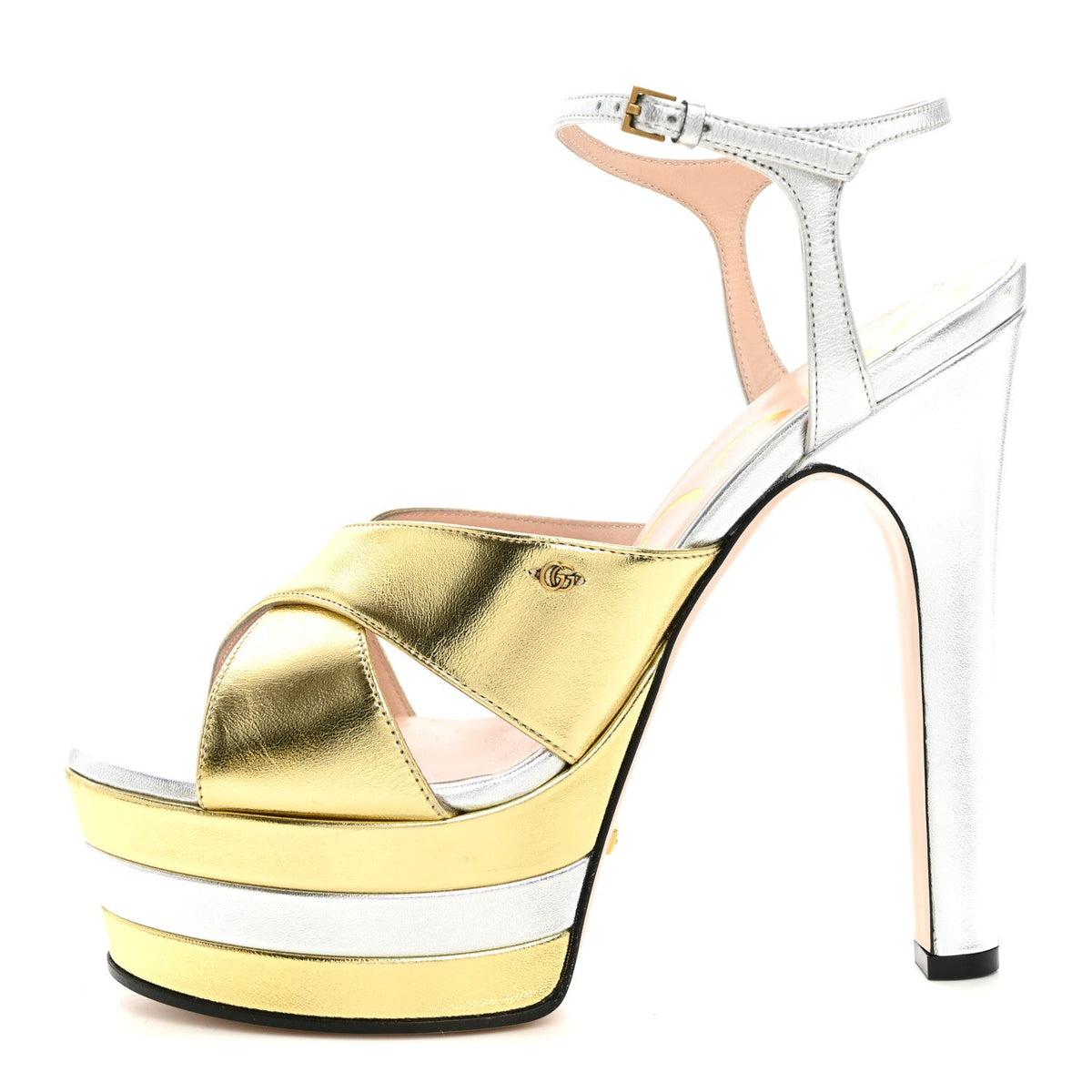 Metallic Nappa Double G 40/135mm Platform Sandals 37.5 Gold Silver