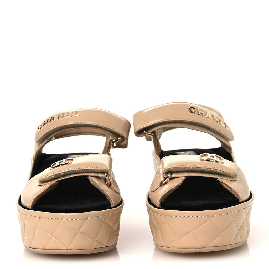 Shiny Calfskin Logo Platform Sandals 40 Beige