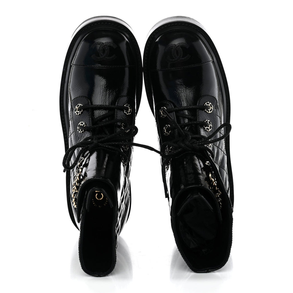 Shiny Goatskin Calfskin Quilted Lace Up Combat Boots 38 Black