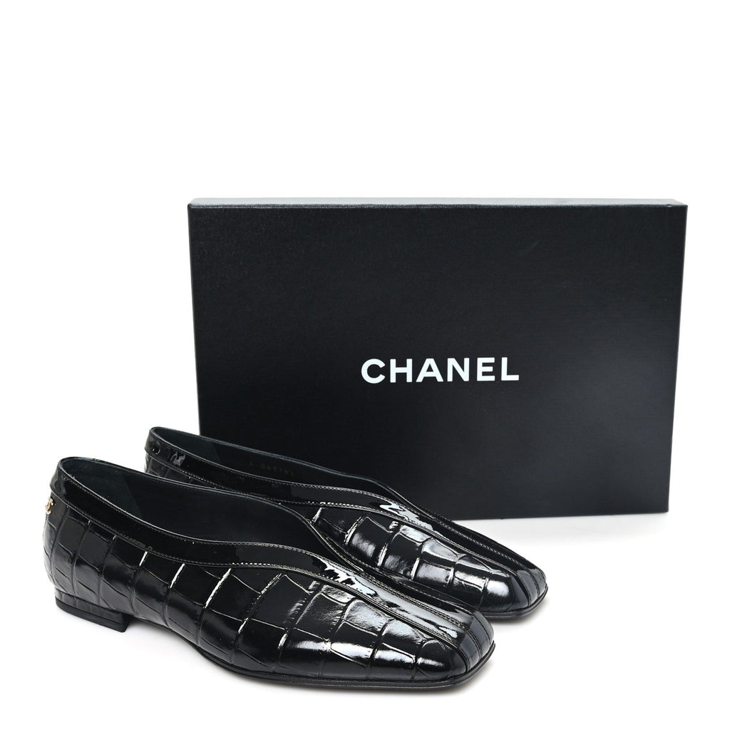 Patent Calfskin Crocodile Embossed Ballet Flats 36 Black