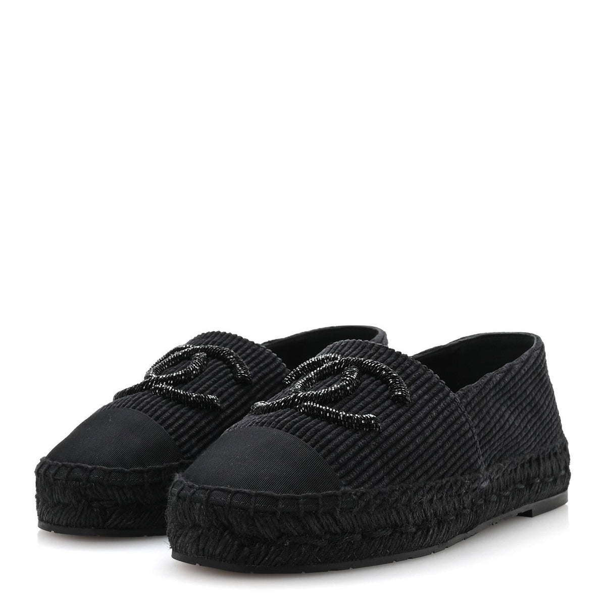 Corduroy Grosgrain Cap Toe CC Espadrille Flats 39 Black